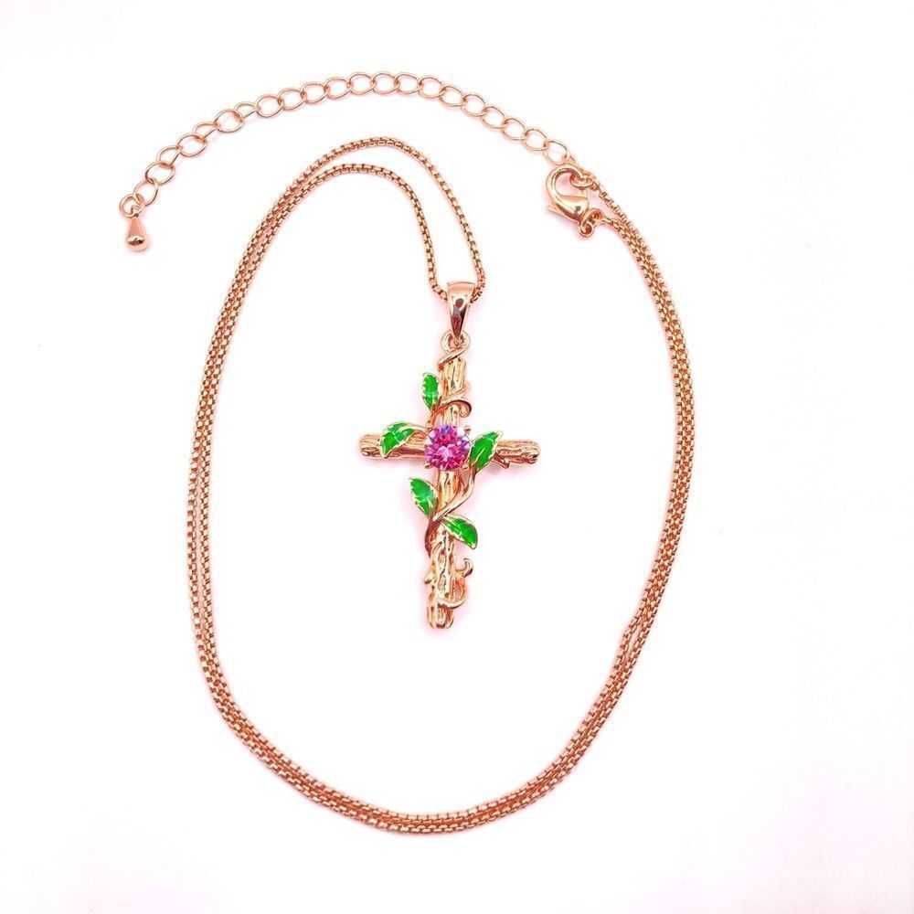 Rose Gold Floral Cross Pendant Necklace